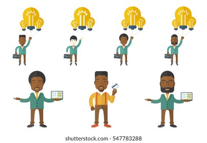 Successful businessman flying with balloons made of idea light bulbs. Businessman having creative business idea. Concept of business idea. Set of vector illustrations isolated on white background.