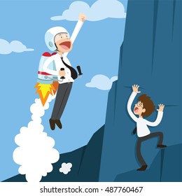 Successful businessman flying by rocket. Business concept. Vector