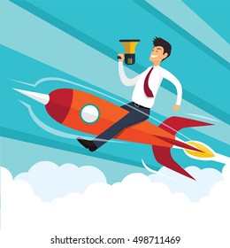 Successful businessman flying by rocket. Business concept. Vector