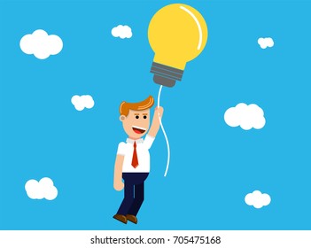 successful businessman flying in light bulb ideas like air balloon on clouds with beautiful blue sky