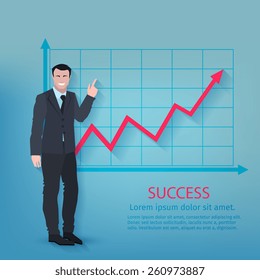 Successful businessman in front of upward development chart poster vector illustration