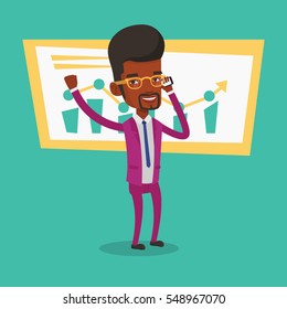 Successful businessman getting good news on mobile phone. An african-american successful businessman talking on mobile phone. Business success concept. Vector flat design illustration. Square layout.