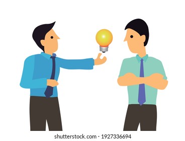 Successful businessman give another businessman new idea bulb. Sharing of success idea. Flat vector illustration.