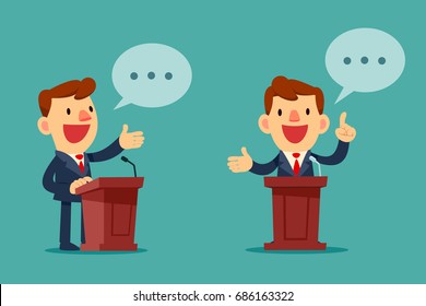 Empresário de sucesso dando um discurso no pódio. Conceito de falar em público.