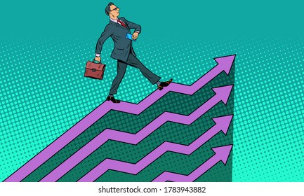 Successful businessman going up growth charts. Pop art retro vector illustration kitsch vintage 50s 60s style