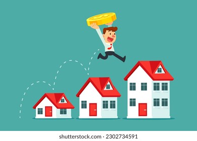 Successful businessman with gold coin jump over the roof of small house to taller house. Real estate investment growth business concept.