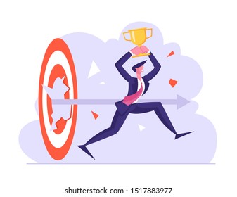 Successful Businessman with Gold Cup in Hands Breakthrough Huge Target. Business Goals Achievement, Aims Mission Opportunity Challenge, Task Solution Business Strategy. Flat Vector Illustration