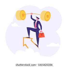 Successful Businessman with Golden Barbell on the Arrow in the Sky. Financial Success, Career Growth, Goal Achievement with Male Character Lifting Dumbbell. Vector flat illustration