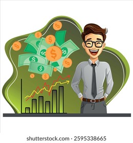 Successful businessman with growing profits, celebrating financial success with money raining down and bar graph increasing.