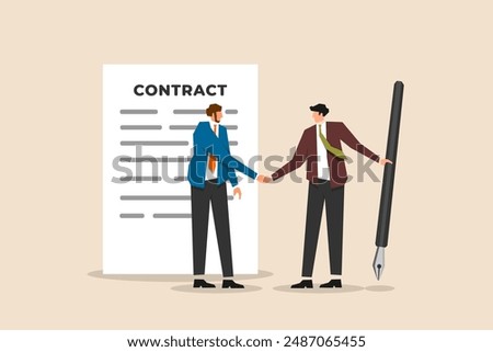 Successful businessman handshake with a client while holding a pen ready to sign an agreement contract. Signing contract for a business deal, partnership, bank loan, investment contract, or job offer