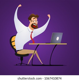 Successful businessman happy because his shares grow. Vector illustration.