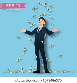 A Successful businessman happy and celebrate with a lot of banknotes rain that falling down on blue background. Vector illustration design.