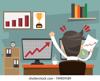 Successful businessman happy sitting on desk and look growth graph on computer pc. business success concept cartoon character vector illustration.