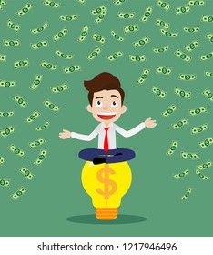 Successful businessman has an idea to make money and sitting under the rain of money, Cartoon vector illustration