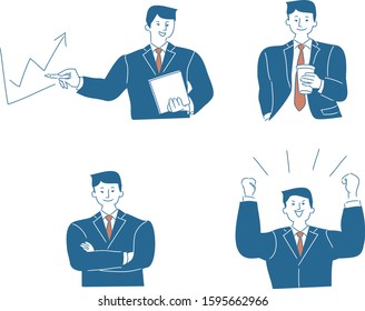 Successful businessman having confidence. Upper body.Vector flat illustrations set.