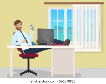 Successful businessman having rest on workplace in office. Man manager sits on a chair, his feet on the table. Business vector illustration
