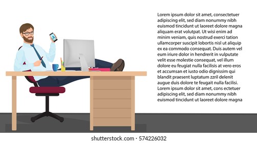 Successful businessman having rest on workplace in office. Vector Man manager sits on a chair, his feet on the table