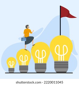 Successful businessman heads to the top of the lightbulb ladder to reach the victory flag. Fearless successful businesswoman, female leadership or challenge and achievement concept,