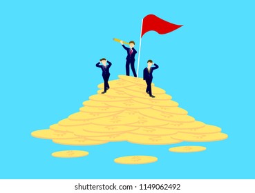 Successful businessman and his team holding spyglass stand beside red flag on top of coins. Searching for new business opportunity.