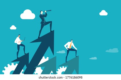 Successful businessman and his team standing at arrows and looking with the telescope for new business opportunities. New business, start up Business concept illustration