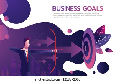 Successful businessman hold arrow in hand, achievement goal. Aim in business concept. Target isolated background. Vector illustration flat design. Aspirational people. Mission achieved