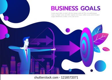 Successful businessman hold arrow in hand, achievement goal. Aim in business concept. Target isolated background. Vector illustration flat design. Aspirational people. Mission achieved