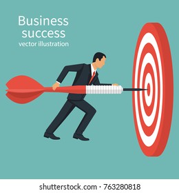 Successful businessman hold arrow in hand, achievement goal. Aim in business concept. Target isolated background. Vector illustration flat design. Aspirational people. Mission achieved.