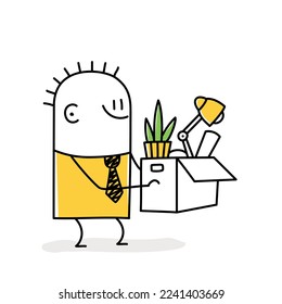 Successful businessman holding cardboard box with work stuff. New job concept. Stick figure. Doodle style. Vector illustration.