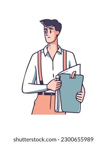 Successful businessman holding document, standing icon isolated
