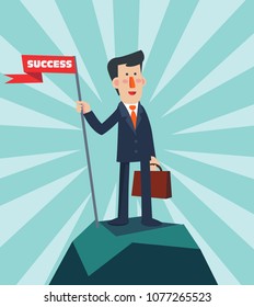 Successful businessman holding flag on top of mountain. Success vector concept