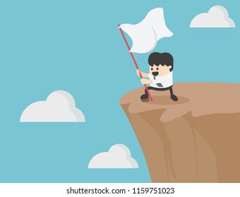 Successful businessman holding a flag on the cliff.