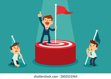 Successful businessman holding flag on top of target winning against the competition. Setting goal business competition concept.