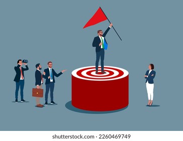 Successful businessman holding flag on top of target winning against the competition. Business competition. Modern vector illustration in flat style 