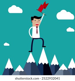 Successful businessman holding flag on top of mountain. Success concept. Cartoon Vector Illustration.