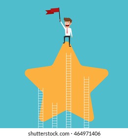 Successful businessman holding flag stand on star shape. Success concept. Cartoon Vector Illustration.