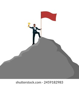 Exitoso hombre de negocios sosteniendo una bandera y un trofeo en la cima de la montaña. Ilustración vectorial plana aislada sobre fondo blanco