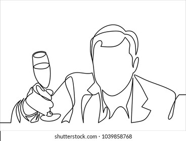 successful  businessman holding a glass of champagne- continuous line drawing