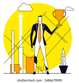 Successful businessman  holding up golden trophy. Business concept collection