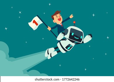 Successful businessman holding number one flag standing on top of flying robot. Artificial intelligence business concept.