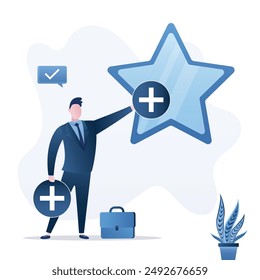 Successful businessman holding plus sign and added into star value. Value added, increase price of product to make profit, additional advantage, development for more benefit concept. flat vector