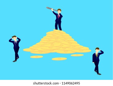 Successful businessman holding spyglass stand on top of coins. Searching for new business opportunity.