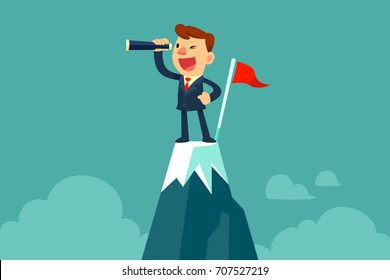Successful businessman holding spyglass stand beside red flag on top of mountain. Searching for new business opportunity.