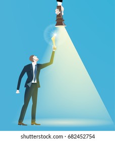 Successful businessman holding the trophy and illuminated with torch light. Winning, leading and success theme illustration. Business concept collection. 
