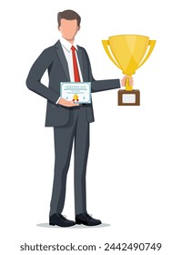 Un exitoso hombre de negocios que sostiene un trofeo y muestra un certificado de premio, celebra su victoria. Éxito empresarial, triunfo, meta o logro. Ganadora de la competición. Ilustración vectorial estilo plano