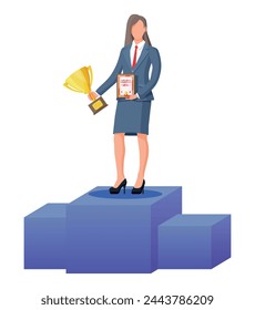 Un exitoso hombre de negocios que sostiene un trofeo y muestra un certificado de premio, celebra su victoria. Éxito empresarial, triunfo, meta o logro. Ganadora de la competición. Ilustración vectorial estilo plano