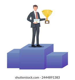 Un exitoso hombre de negocios que sostiene un trofeo y muestra un certificado de premio, celebra su victoria. Éxito empresarial, triunfo, meta o logro. Ganadora de la competición. estilo plano de Ilustración vectorial