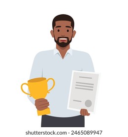 Successful businessman holding trophy and showing award certificate. Flat vector illustration isolated on white background