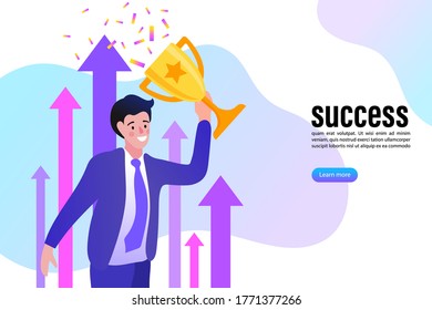 Successful businessman holds the gold trophy on graph. Winning of competition. Vector illustration flat style