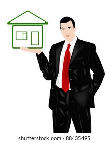 The successful businessman holds in a small green small house on a white background