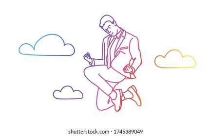 Un empresario exitoso saltando a las nubes. Colores arcoiris en ilustración vectorial lineal.